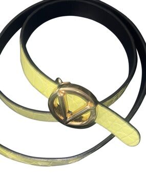 Valentino Neon Yellow Slim Leather Belt with Gold V Logo Buckle Size M